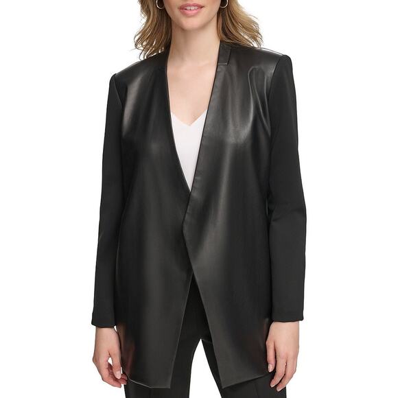 Calvin Klein Mixed Media Black Faux Leather Open Front Blazer Jacket 10 NWT - Picture 1 of 16